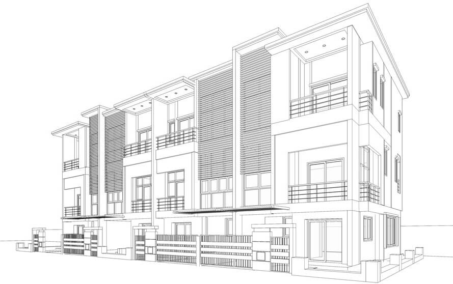 black and white 3d line rendering of a building