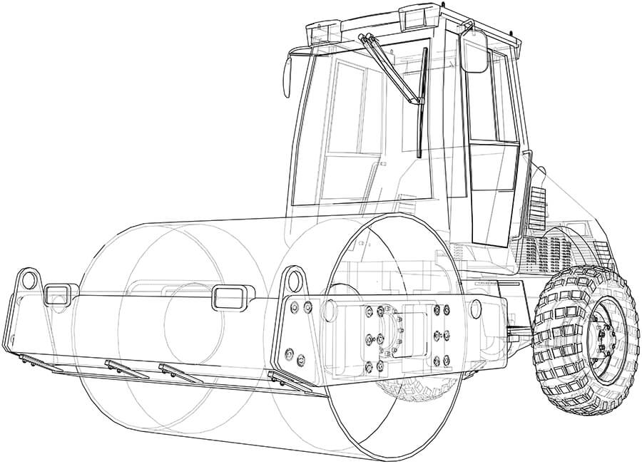 black and white 3d line rendering of a steamroller