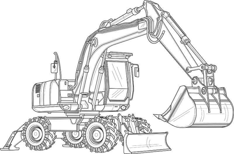 black and white 3d line rendering of a backhoe