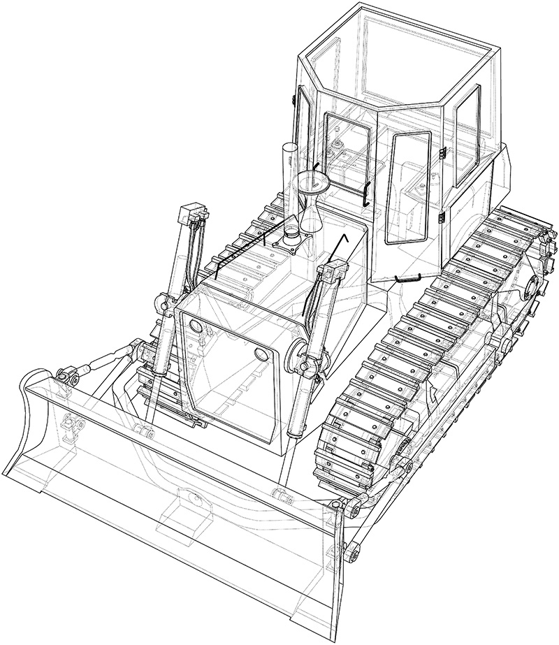 black and white 3d line rendering of a bulldozer