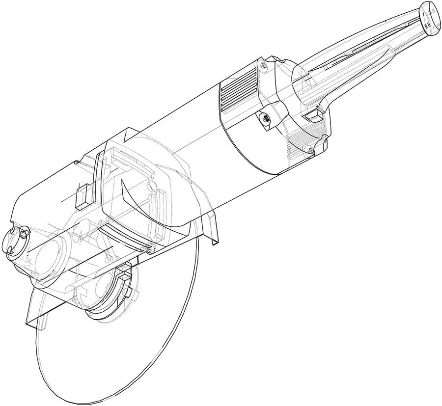 black and white 3d line rendering of an angle grinder