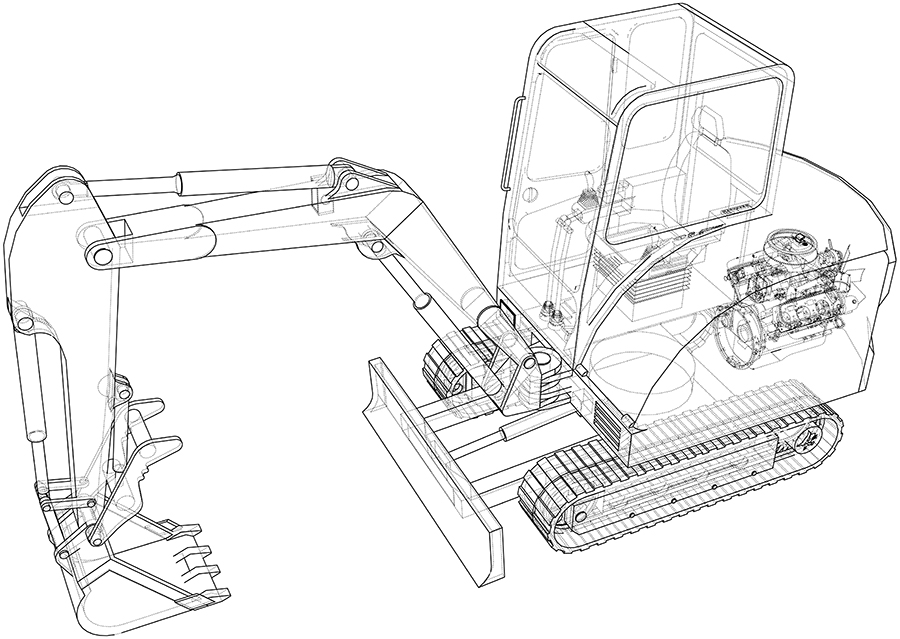 black and white 3d line rendering of a digging machine