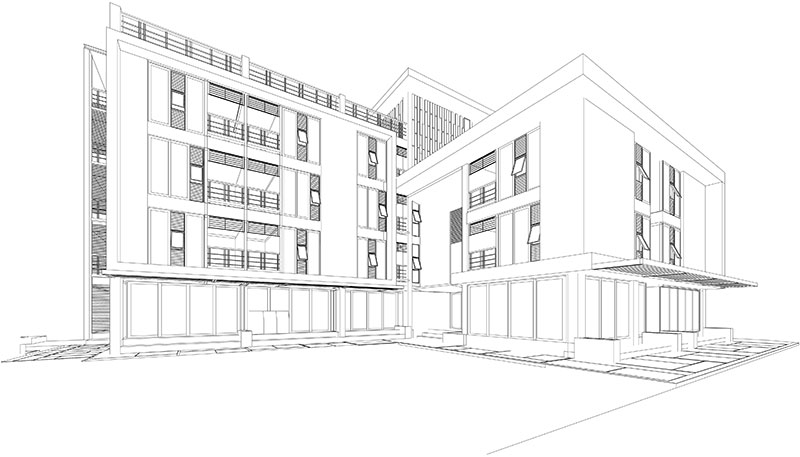 black and white 3d line rendering of a building