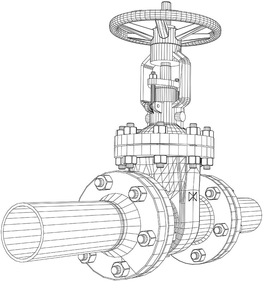 black and white 3d line rendering of a valve